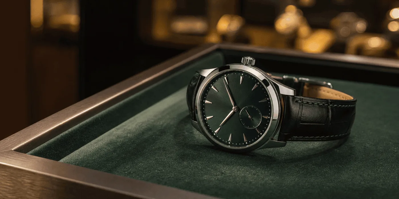 Original luxury watch on a deep green display tray
